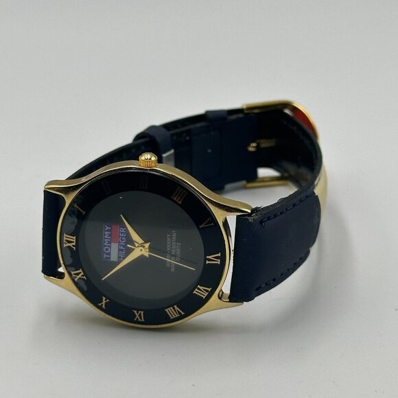 Vintage Tommy Hilifiger Watch Men Black Dial Striped Leather Band Y2K Works 9" - Picture 7 of 12